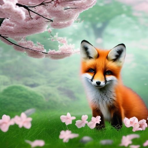 Cute Fox Cub Under Cherry Blossom Tree