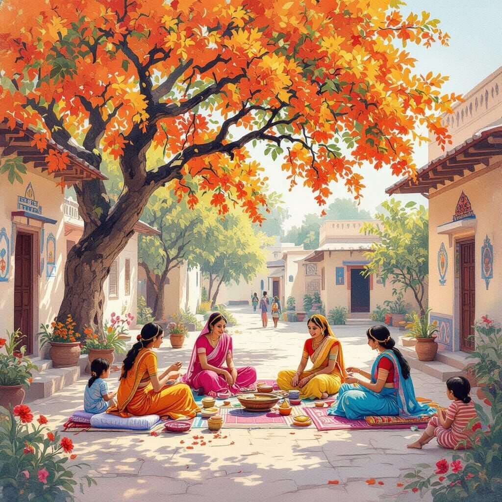 Vibrant Indian Village Courtyard Scene with Artisans