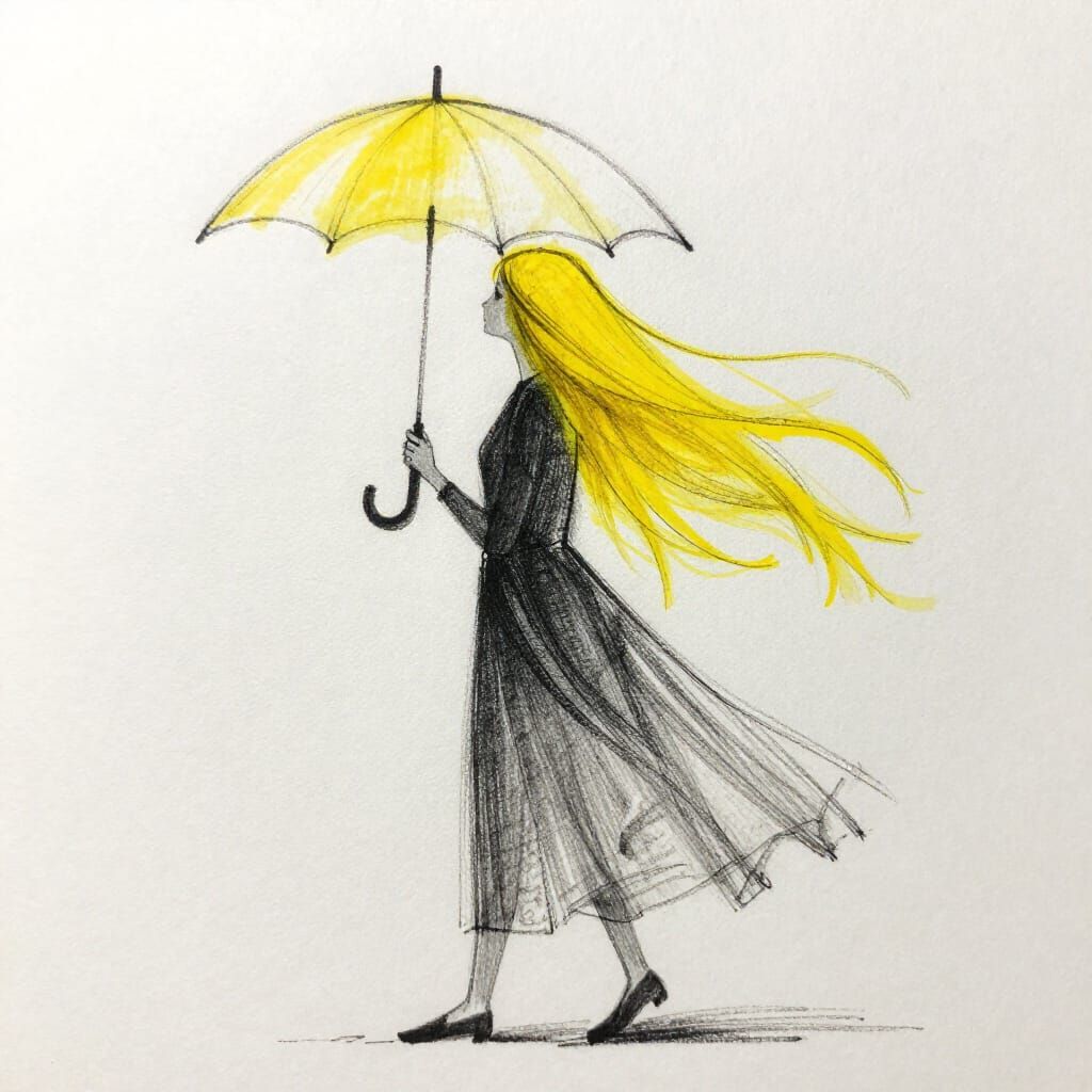 Minimalist Charcoal Sketch of Woman with Yellow Hair and Umb...