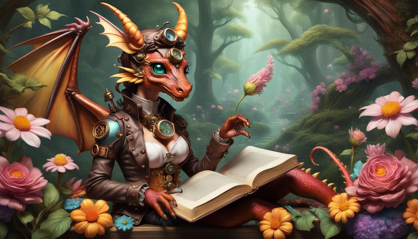 Steampunk Floral Dragoness in Enchanted Forest