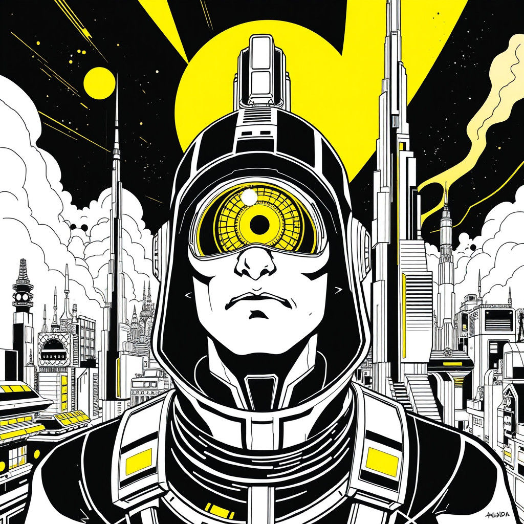 Futuristic Cybernetic Cityscape Illustration in Comic Book S...