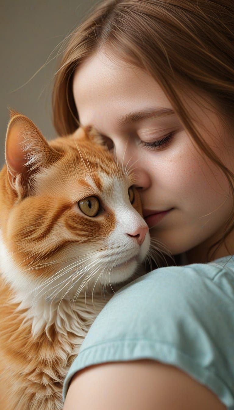 Girl Hugs Orange Cat: Photorealistic Close-Up Portrait