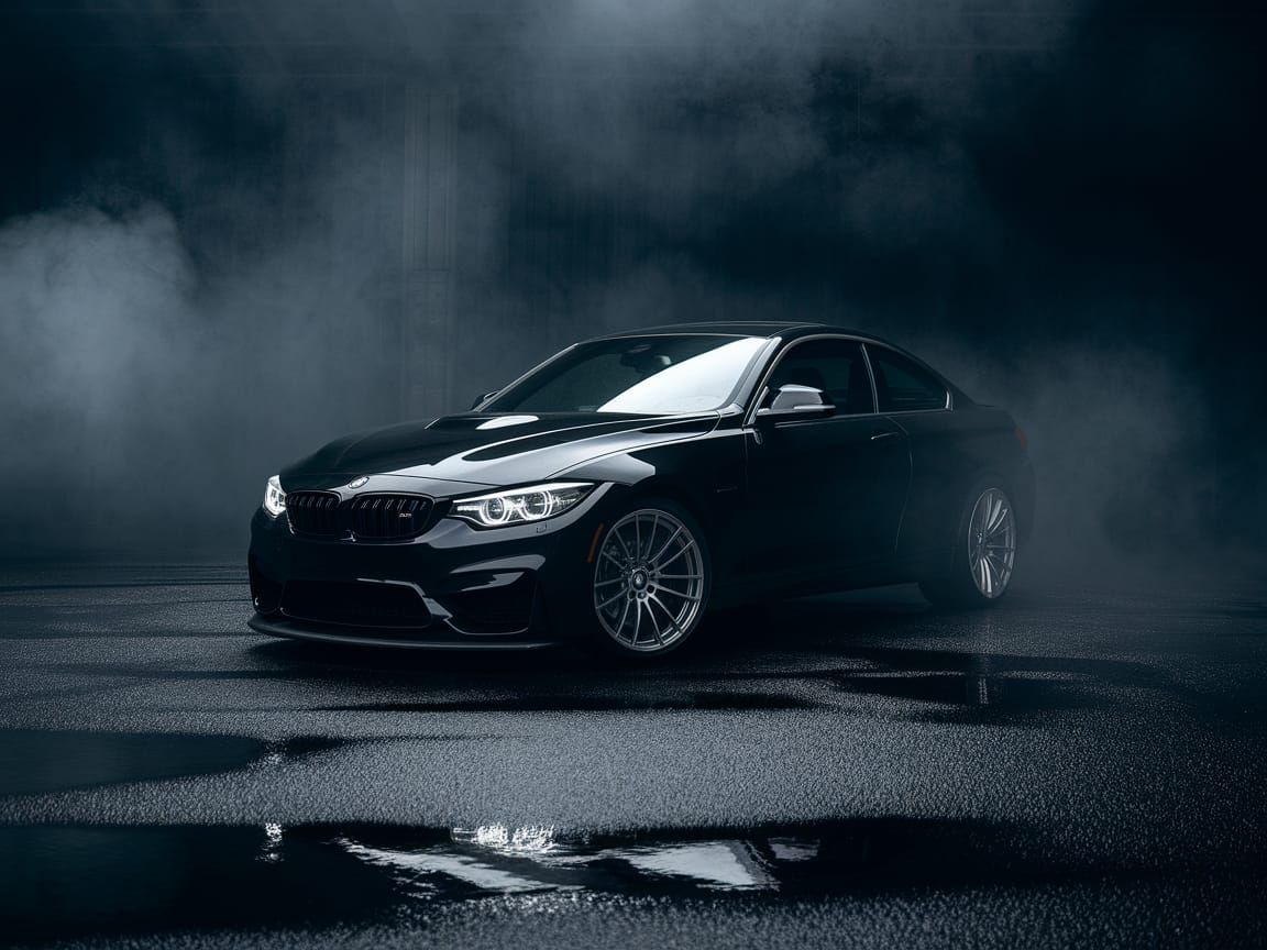 BMW Silhouetted in Dramatic Low-Light Garage Scene