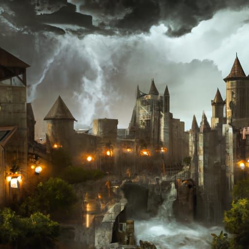 Mystical Medieval Town Under Thunderstorm: Digital Matte Pai...