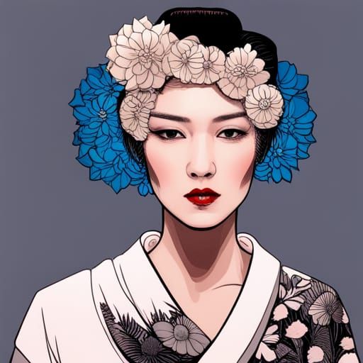Punk Geisha with Flower Crown in Oil Painting Style