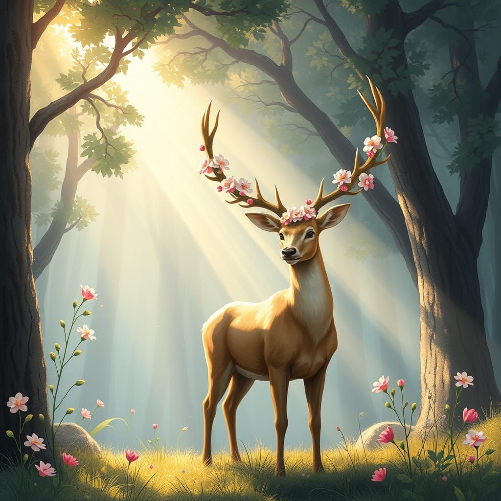 Majestic Stag with Flower Antlers in Ethereal Forest