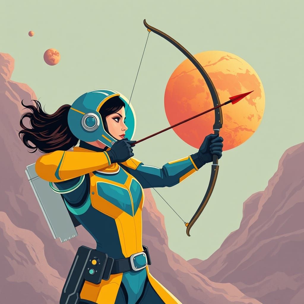 Retrofuturistic Space Archer Battles Mars in Vibrant Armor