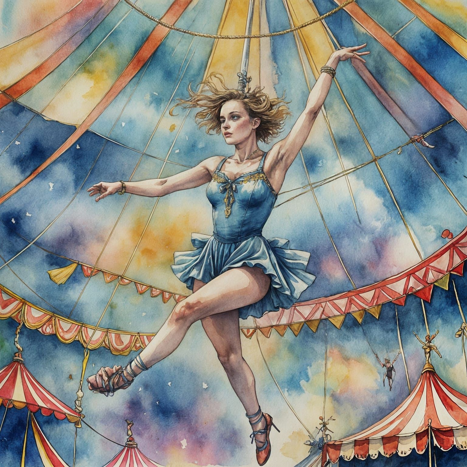Surreal Watercolor Trapeze Artist in Flight