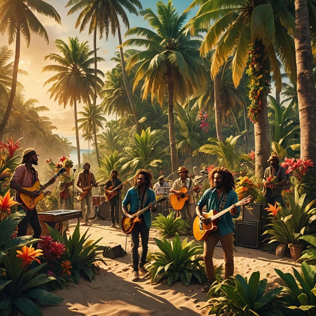 Tropical Beach Reggae Performance in Maximalist Style
