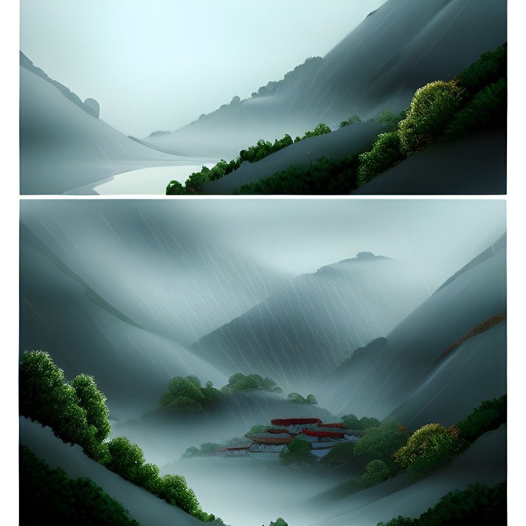 Himalayan Village in Misty Rain, Digital Art