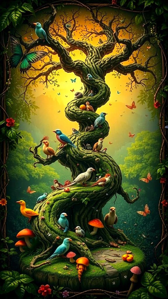 Whimsical Tree Sanctuary in Vibrant Colors and Delicate Text...