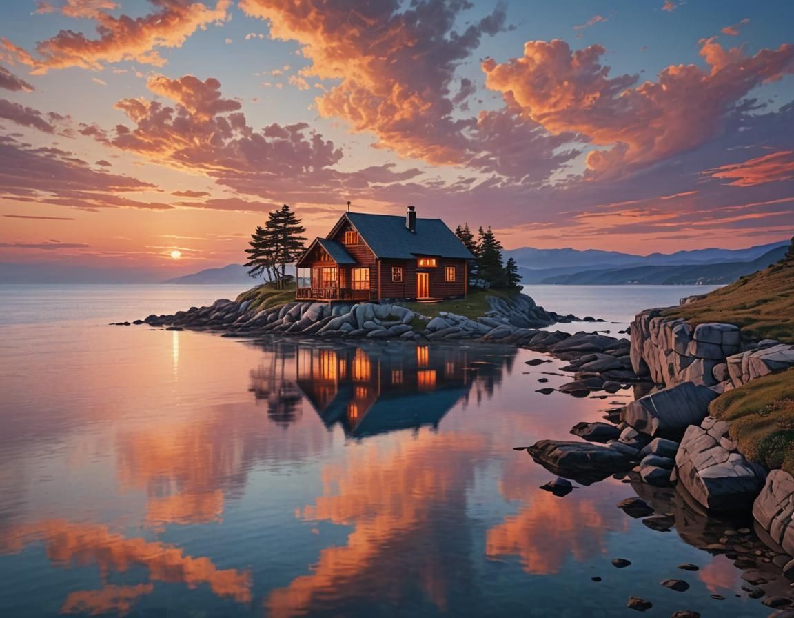 Cozy Cabin on Cliff at Sunset