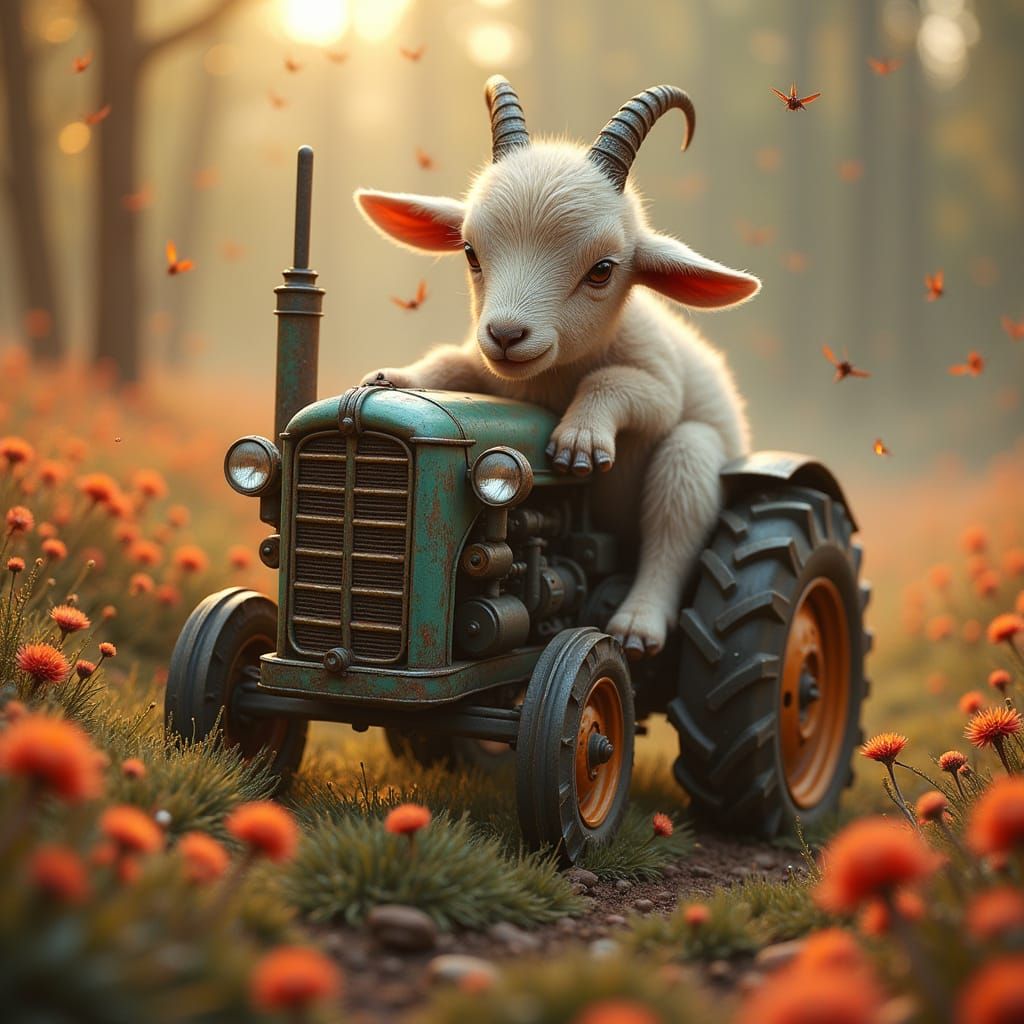 Baby Goat Rides Tractor in Stunning UHDR Textured Scene