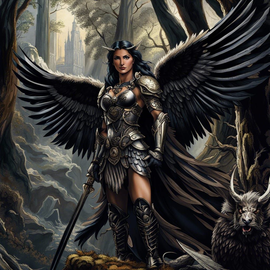 Feathered Angel Warrior in Demonic Forest