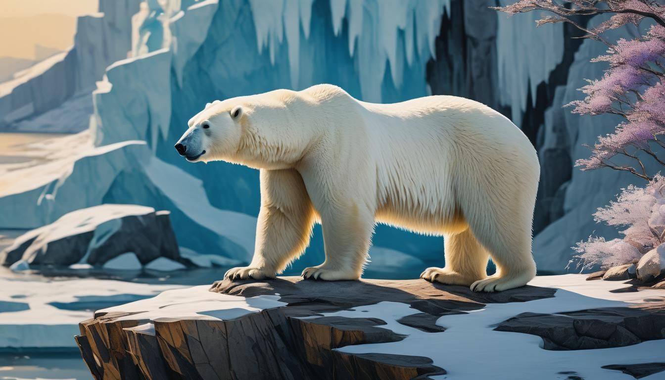 Polar Bear on Snowy Cliff in Ukiyo-e Style