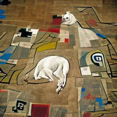 White Dog on Rug in Cubist Style
