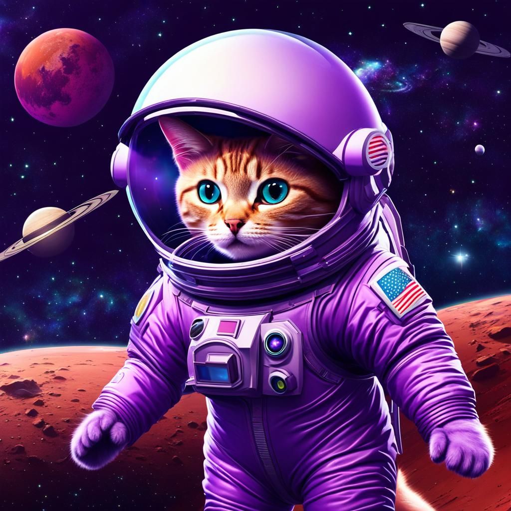 Purple Cat in Spacesuit Above Mars