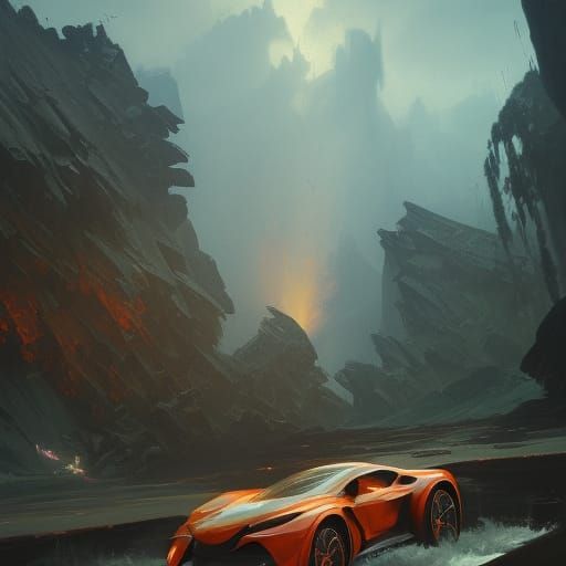 Race Car in a Dark Fantasy Landscape