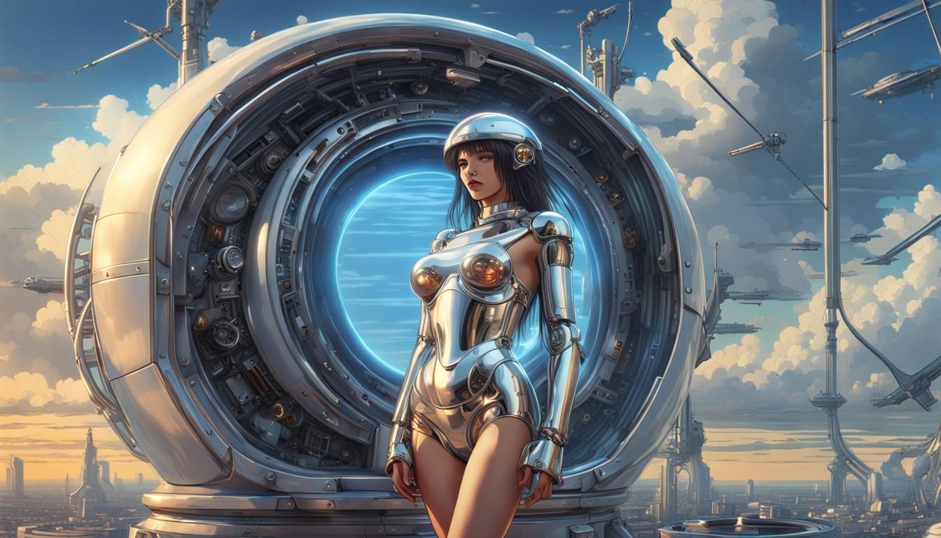 Retro-Futuristic Robot Girl in Fantasy Landscape