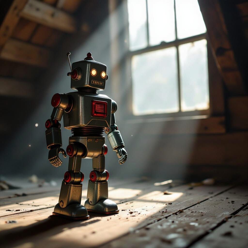 Vintage Tinplate Toy Robot in Dusty Attic