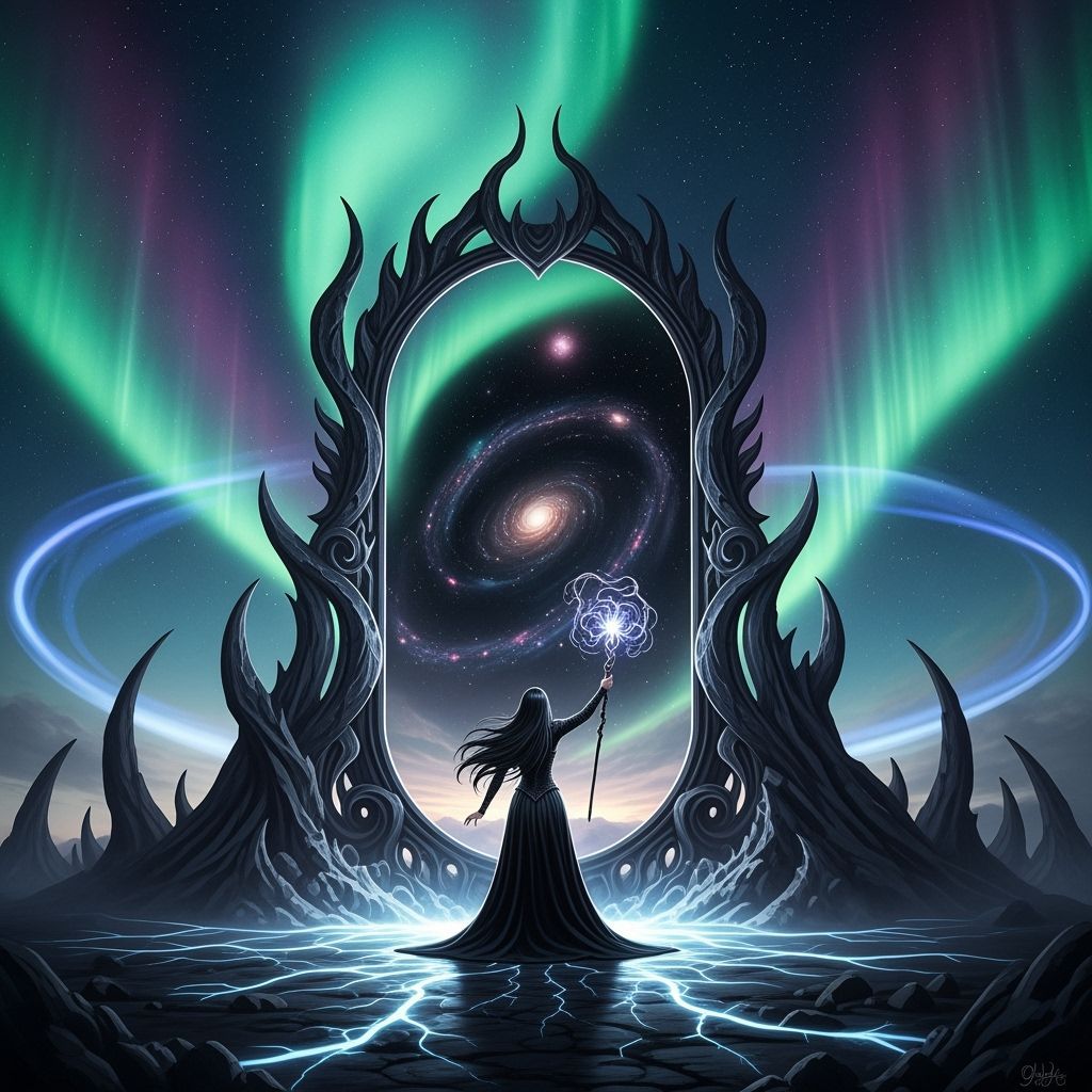 Sorceress and Cosmic Mirror Under Aurora Lights