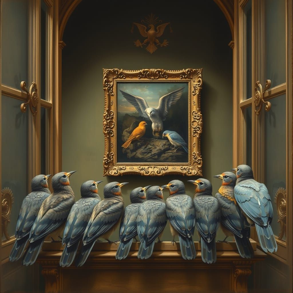 Birds Observe Baroque Window in Surrealist Oil Painting