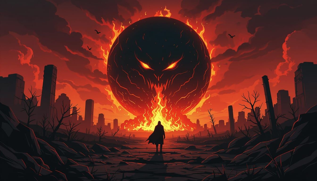 Minimalist Dark Red Fiery Doomsday Landscape