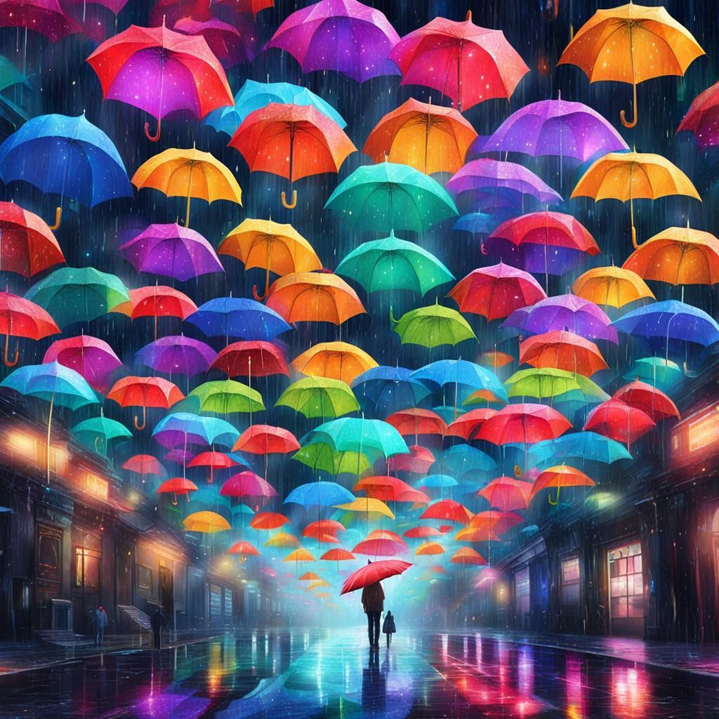 Colorful Umbrellas on Rainy Day: Astral Illustration