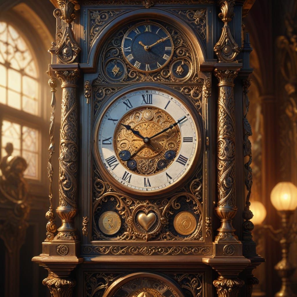 Surreal Grandfather Clock with Coin Pendulum and Heart