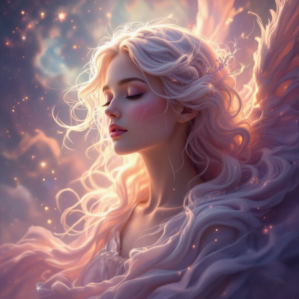 Angelic Galaxy Being in Pastel Colors with Light Beams