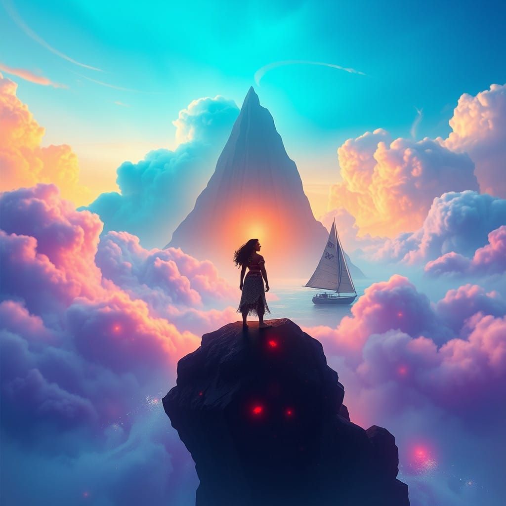 Mystical Island Goddess with Majestic Sailboat in Vibrant, G...