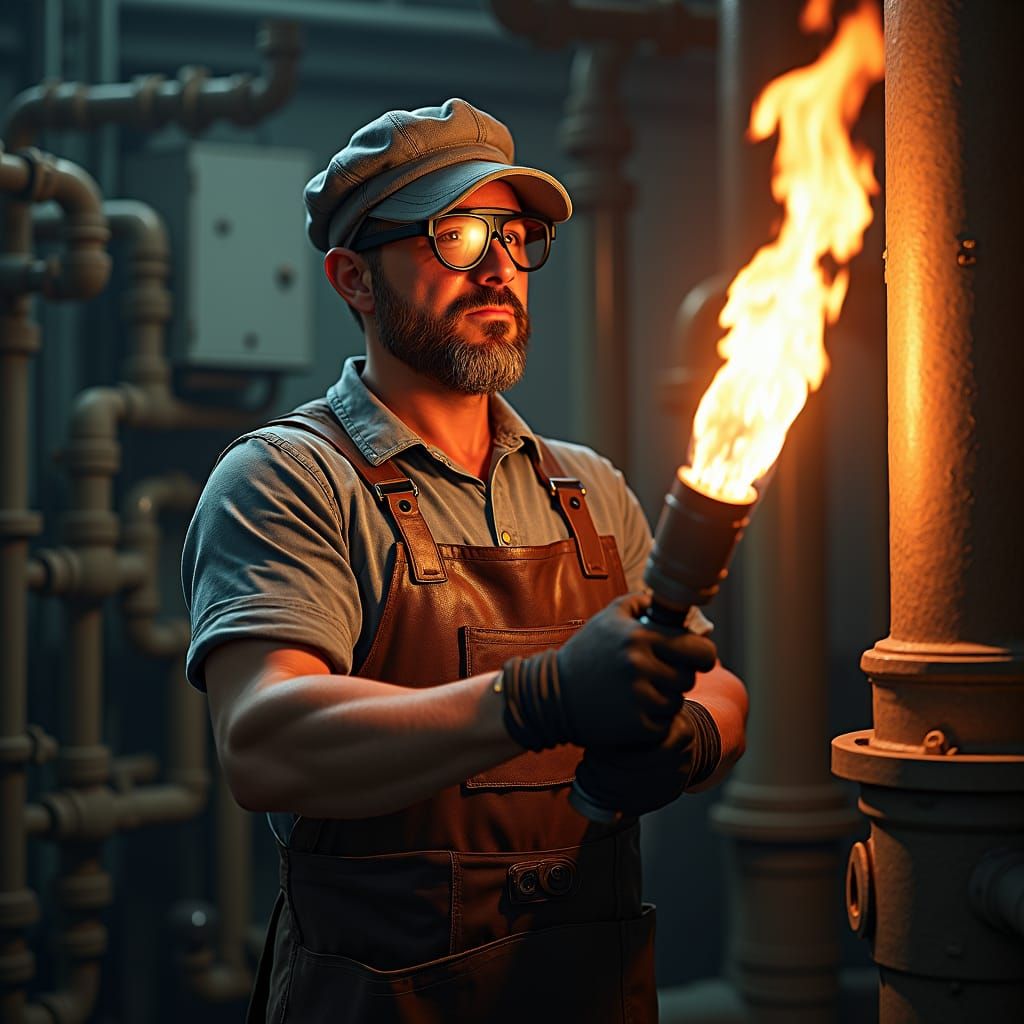 Plumber with Blowtorch in Industrial Setting