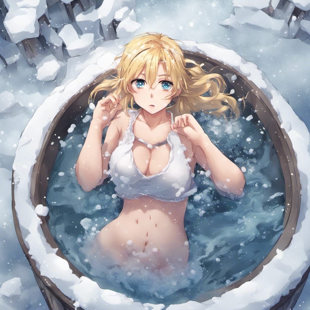 Anime Style Blonde Girl in Ice Bath