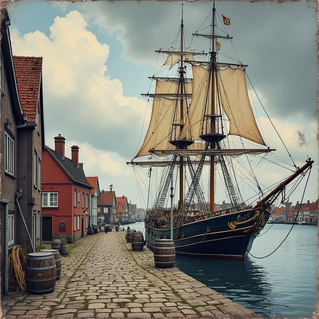 Traditional Danish Port Scene in Woodcut Style