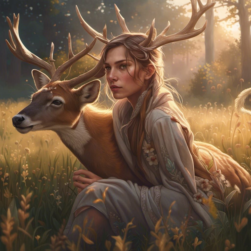 Girl with Deer: Hyperdetailed Art Nouveau Portrait