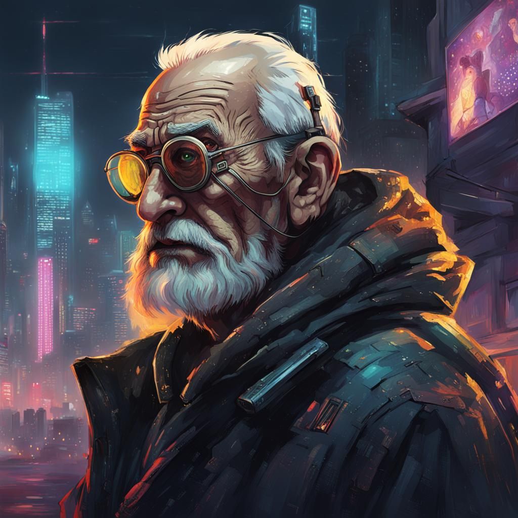 Cyberpunk Old Man Portrait in Futuristic Style