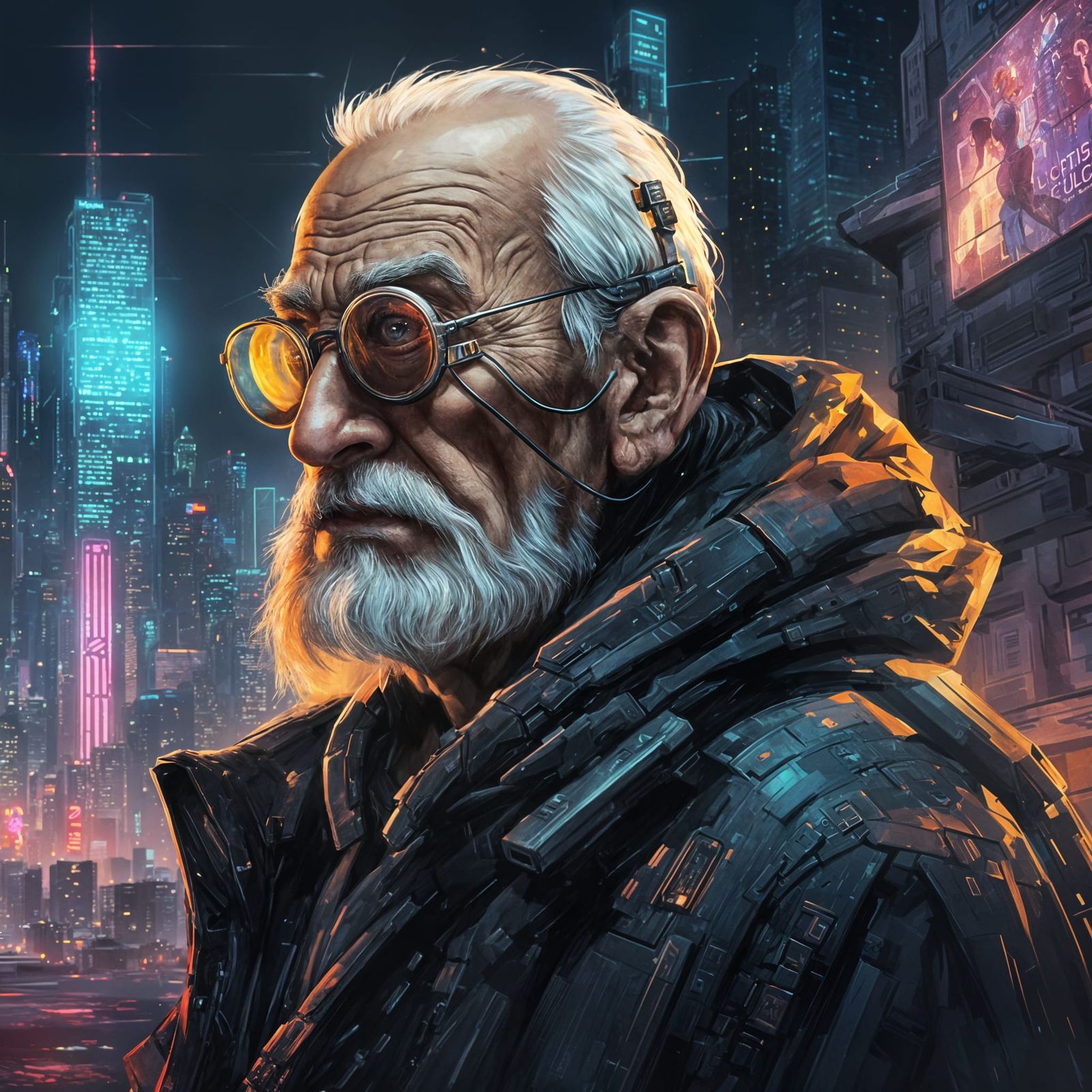 Cyberpunk Old Man in Futuristic Cityscape