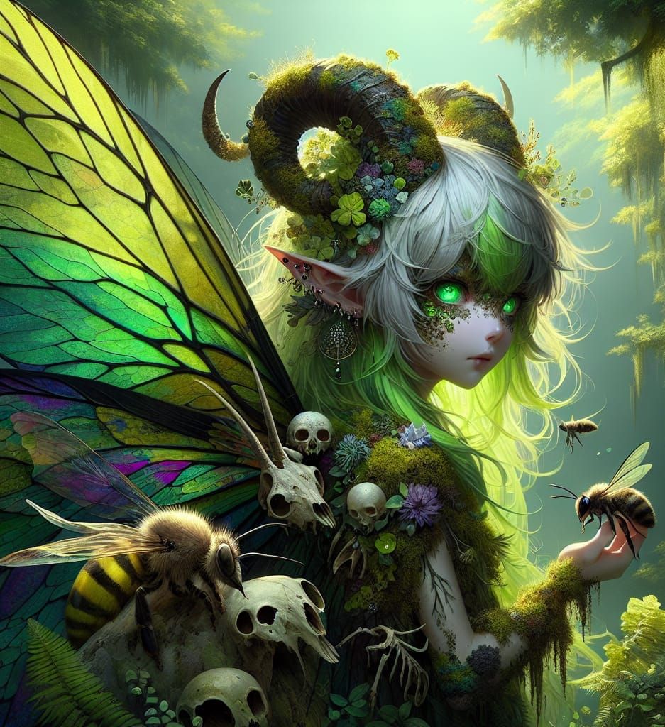 Anime Satyr Fairy Girl with Moss and Wings