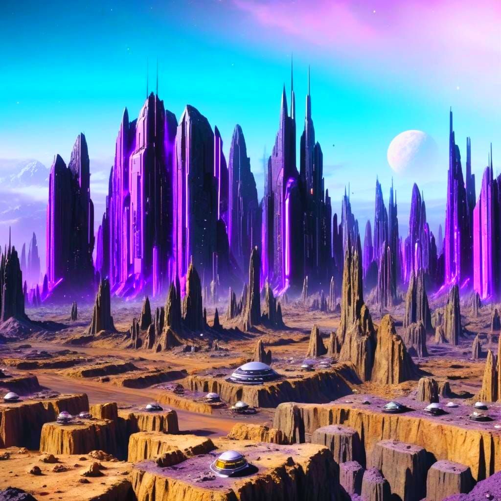 Futuristic City on Asteroid with Purple Tint