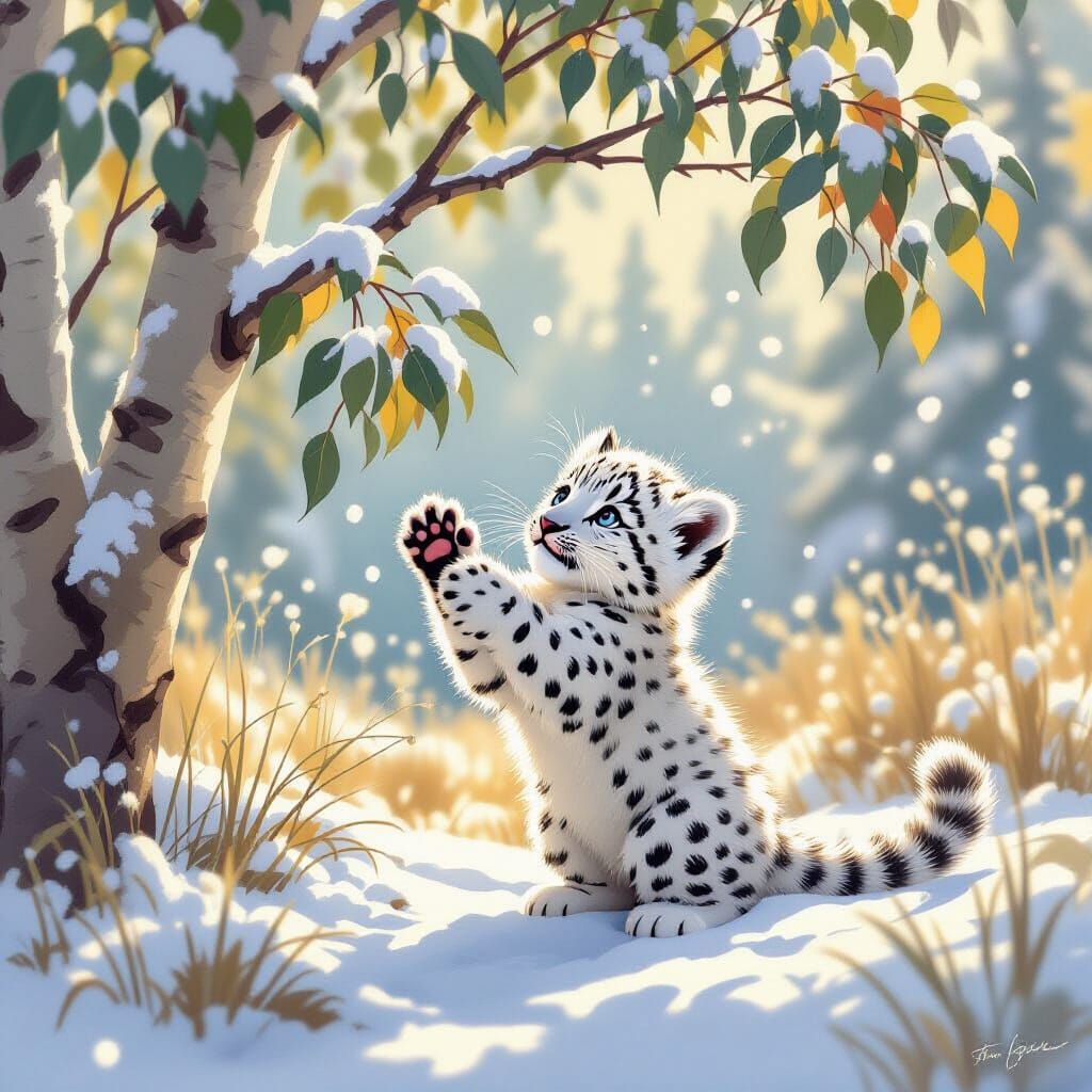 Cute Snow Leopard Cub Plays in Eucalyptus Tree