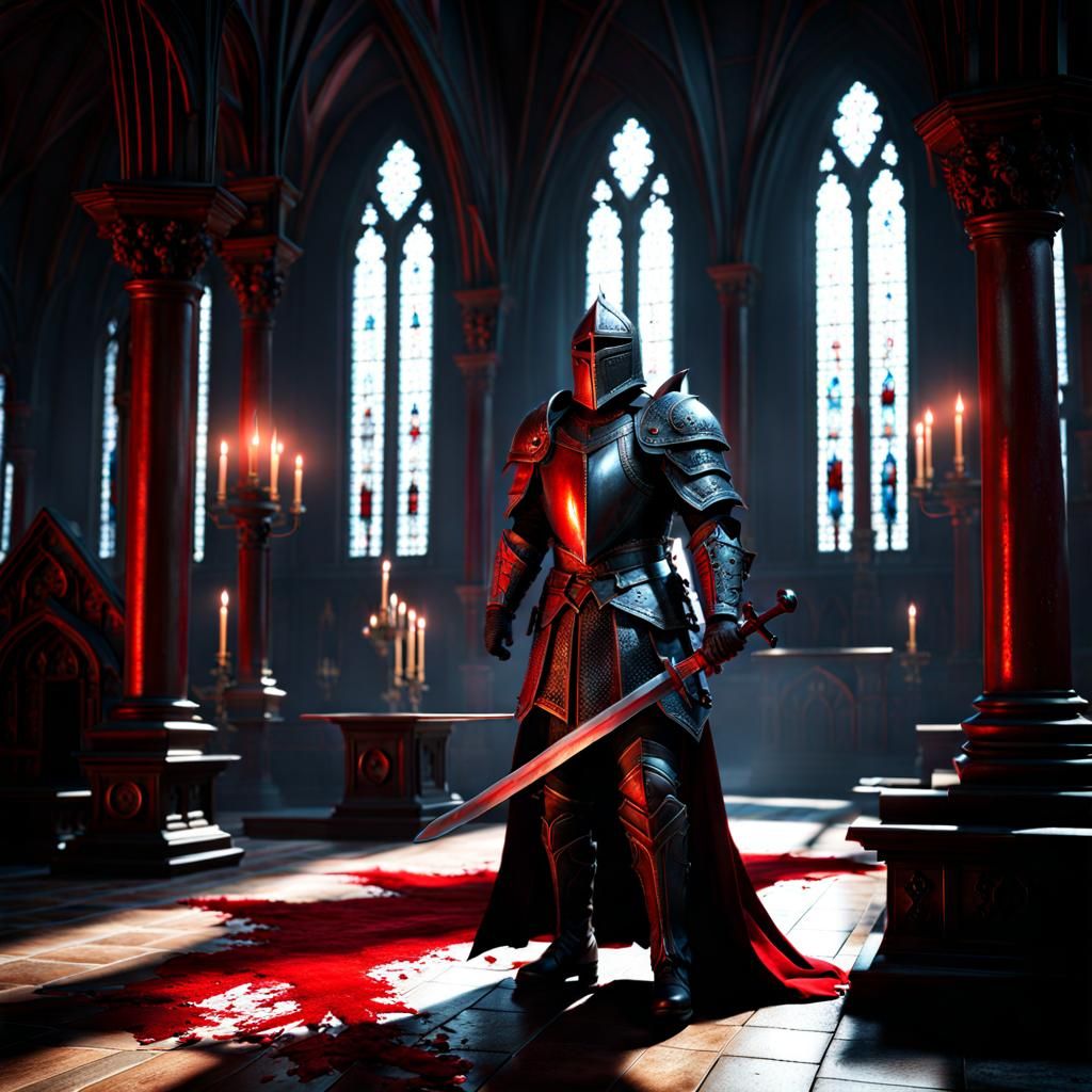 Gothic Knight in Blood-Soaked Church