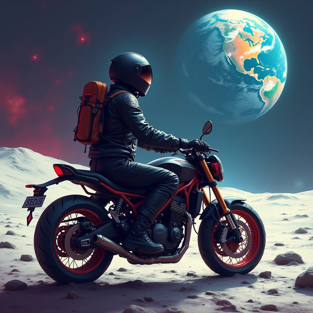 Motorbike Rider on the Moon Gazing at Earth