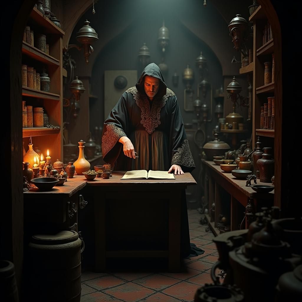 Mystical Sorcerer Crafts Glowing Potion