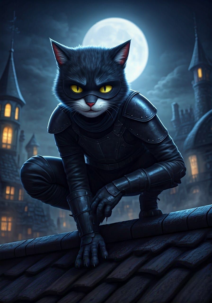 Stealthy Midnight Cat Burglar on Victorian Rooftops