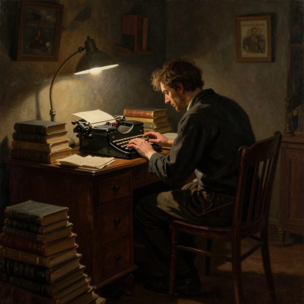 Figure at Desk with Books and Typewriter