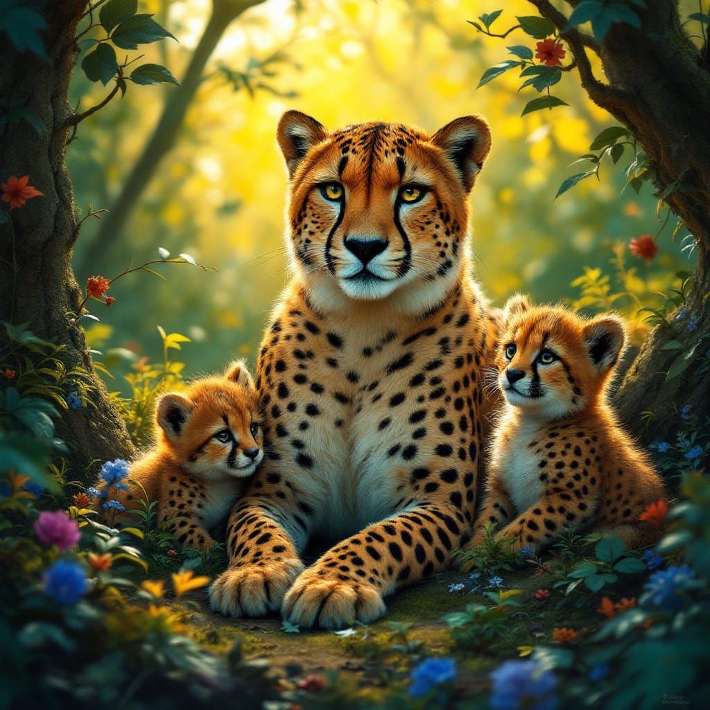 Majestic Cheetah Mother with Cubs in Vibrant Forest