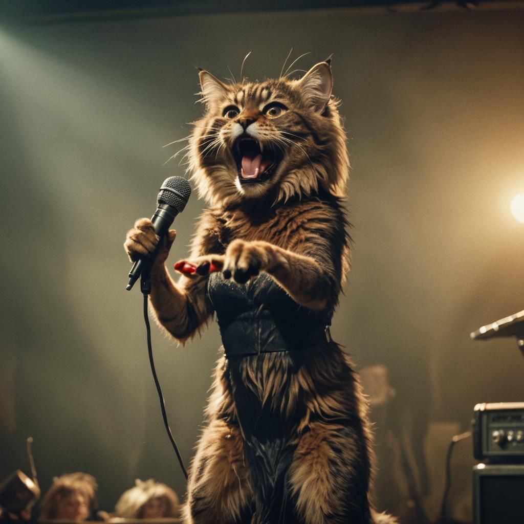 Anthropomorphic Tina turner cat singing