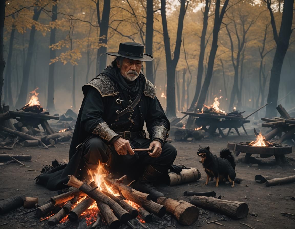 Hunter at Campfire in Anime-Inspired 3D Art