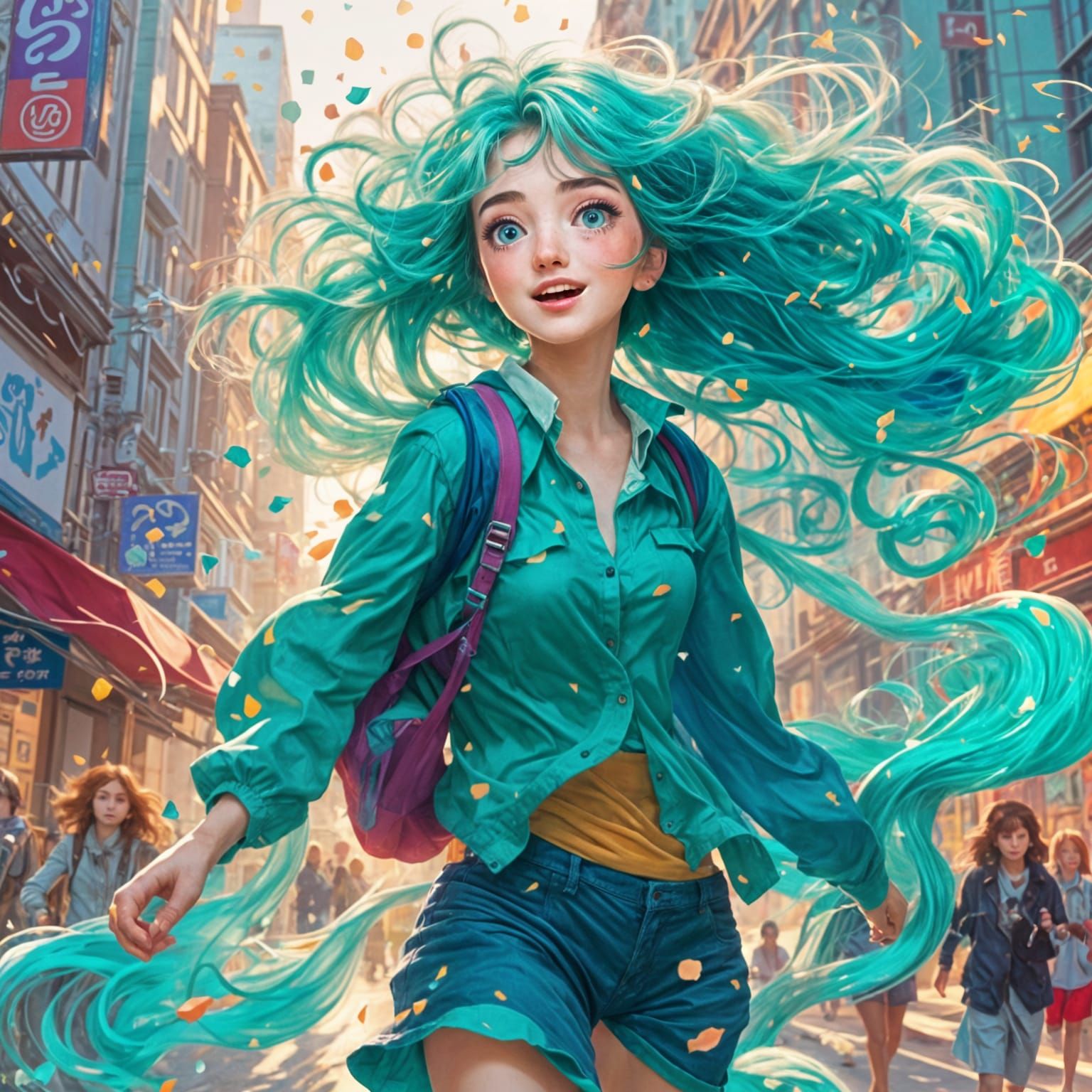 Airbrushed Anime Woman Running Down Crowded Street