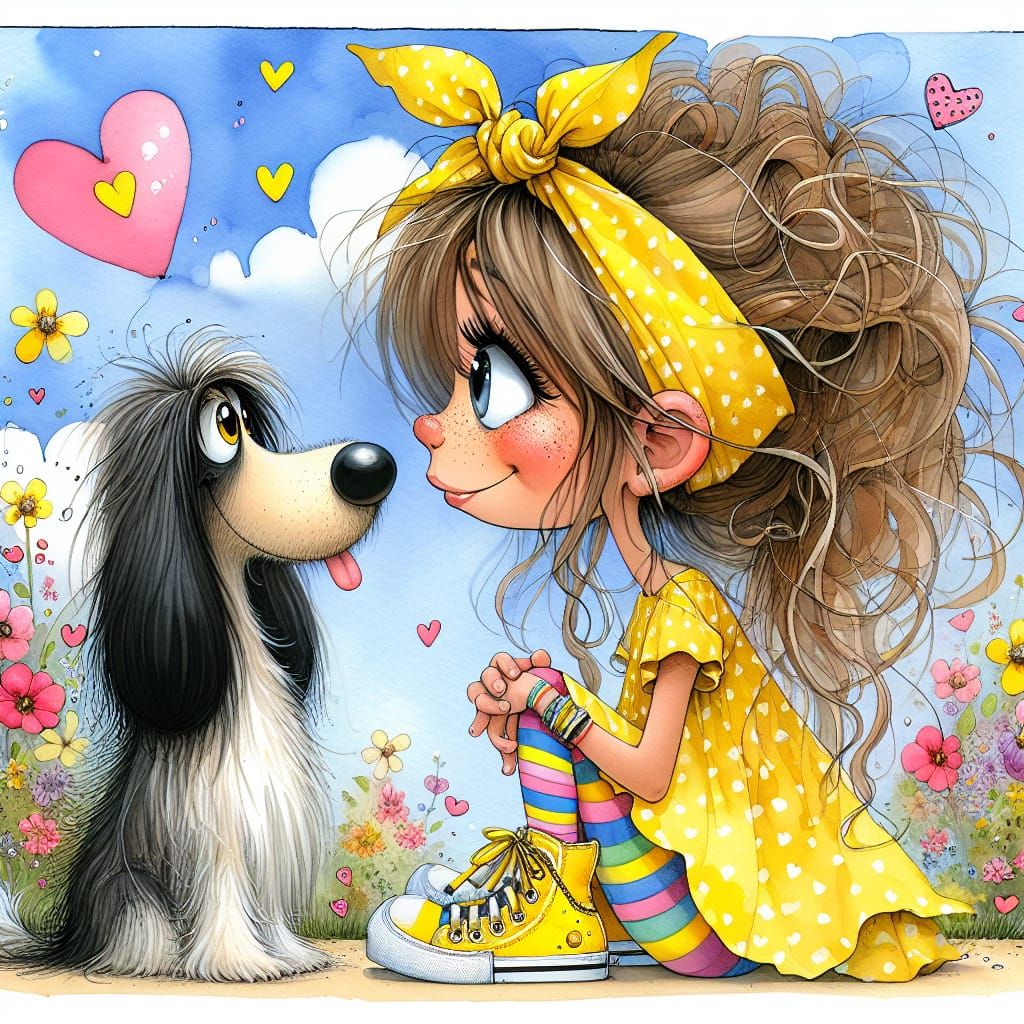 Whimsical Cartoon Girl Meets Quirky Dog in Watercolor-Inspir...